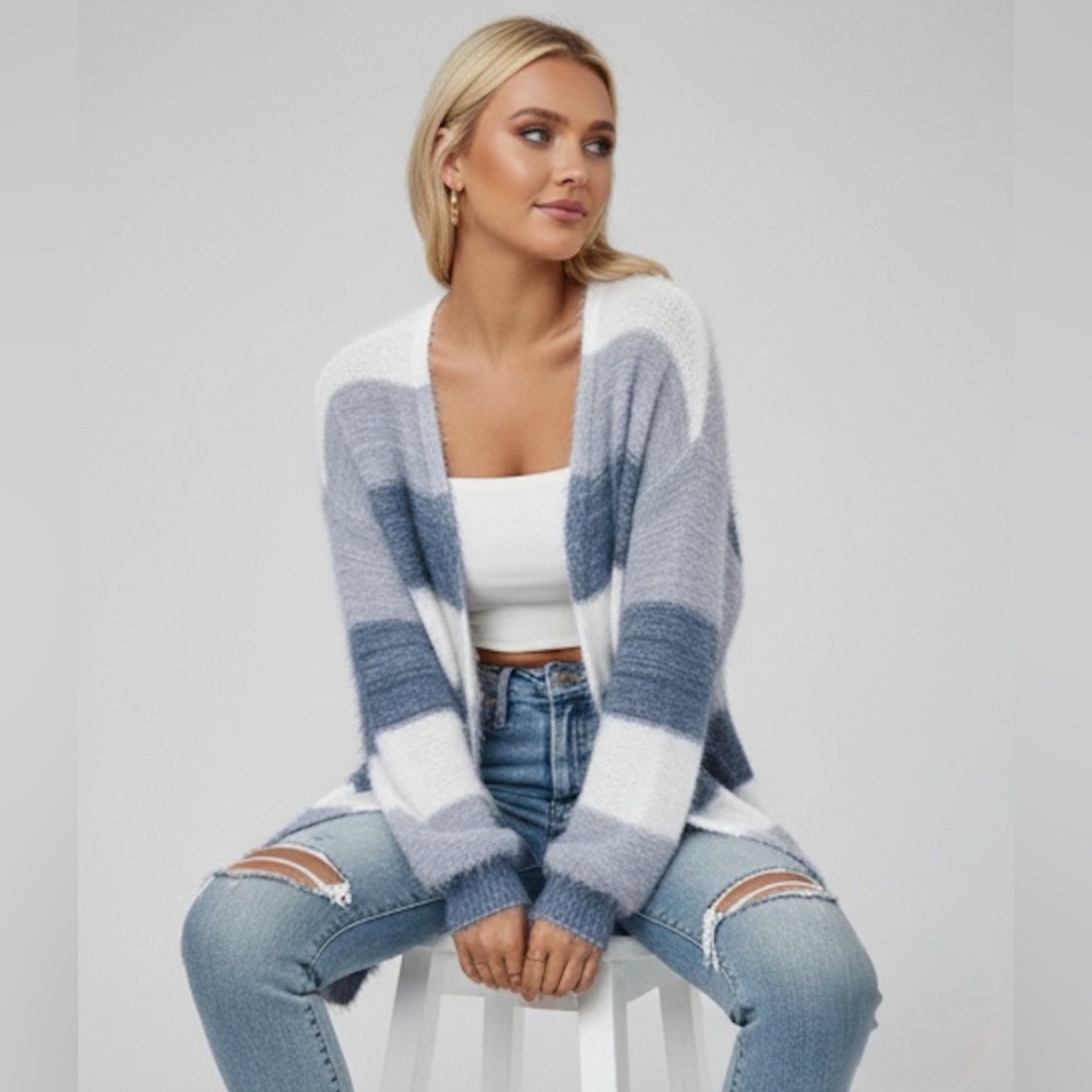 Blue Drop Shoulder Open Front Fluffy Knit Cardigan - Picture 2 of 9